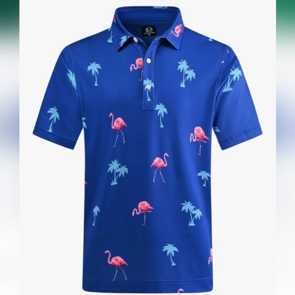 MUSCLEOUBA Blue Flamingo Print Moisture Wicking Dry Fit Polo Shirt Size 2X NWT